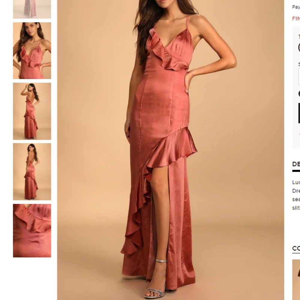 NWT Lucky Lady Terra Cotta Satin Ruffled Maxi Dress w/ Slit -Copper Pink -Formal